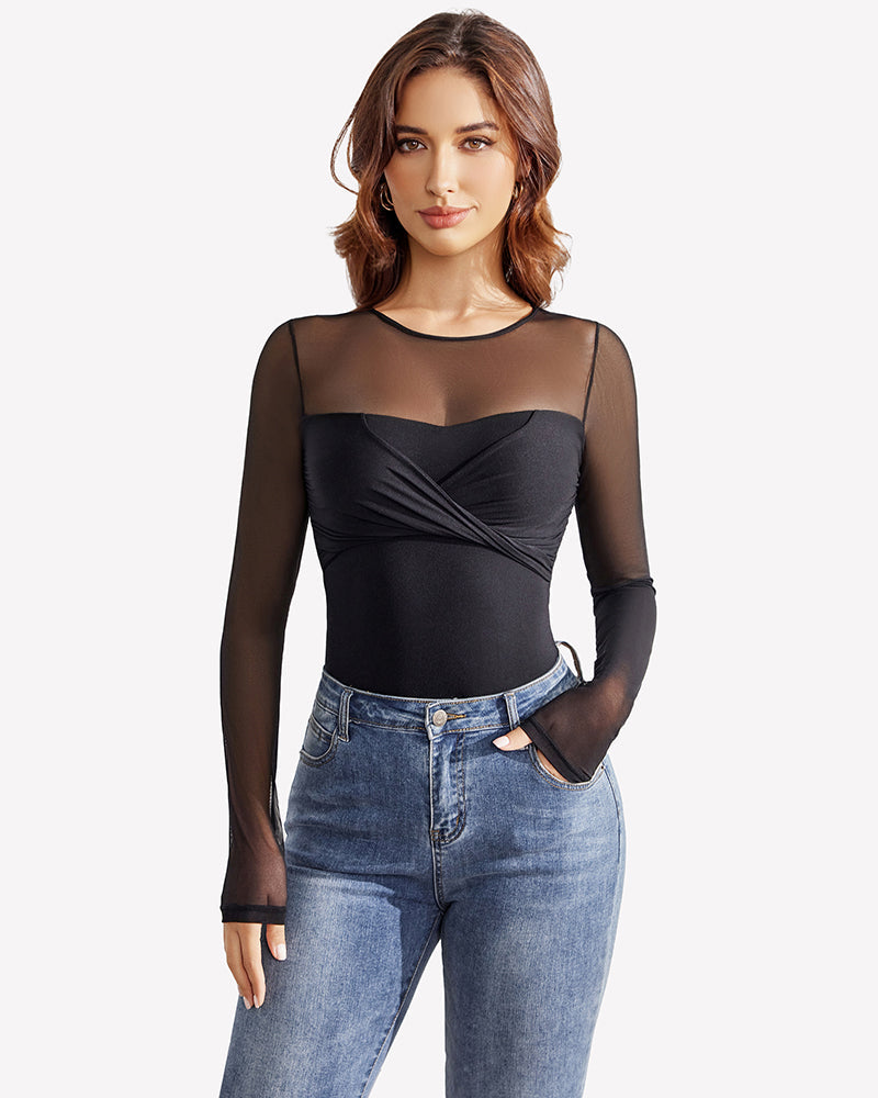 Long Sleeve Sheer Leotard Twist Knot Tops