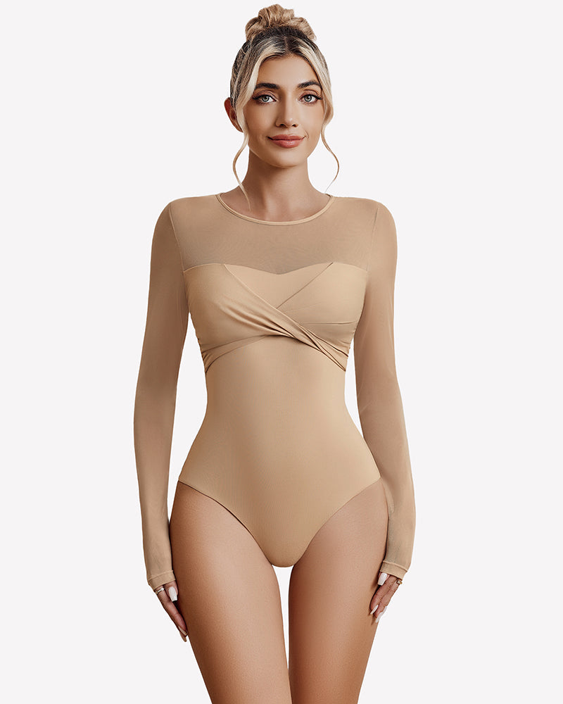 Long Sleeve Sheer Leotard Twist Knot Tops