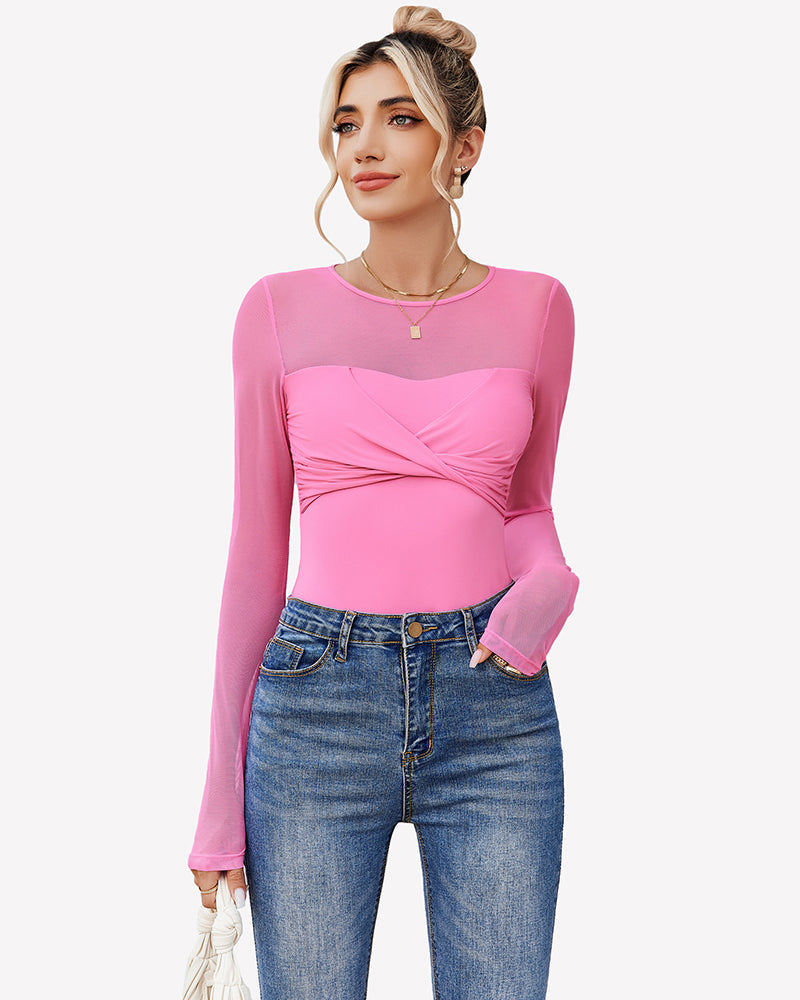 Long Sleeve Sheer Leotard Twist Knot Tops