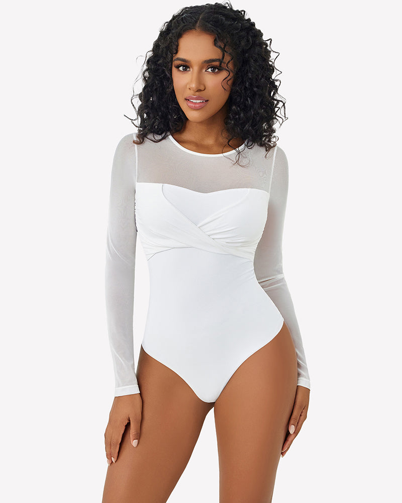 Long Sleeve Sheer Leotard Twist Knot Tops