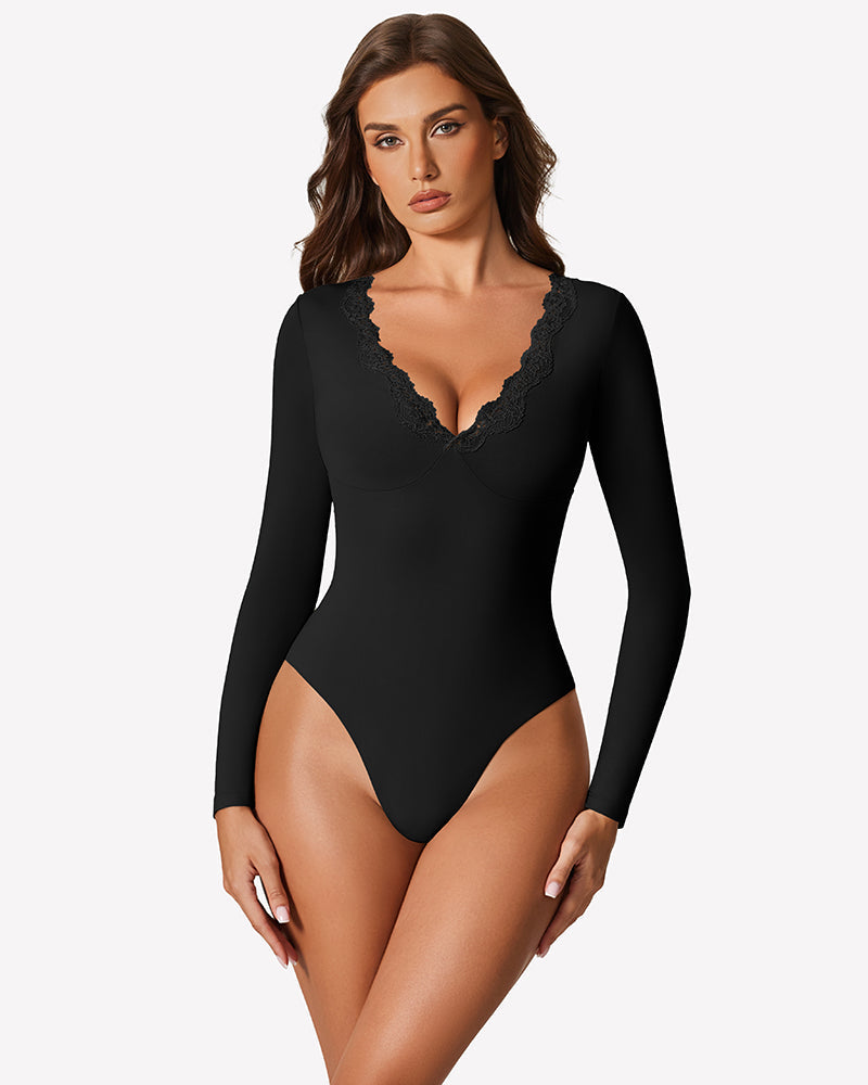 Long Sleeve Lace V Neck Leotard Shirt