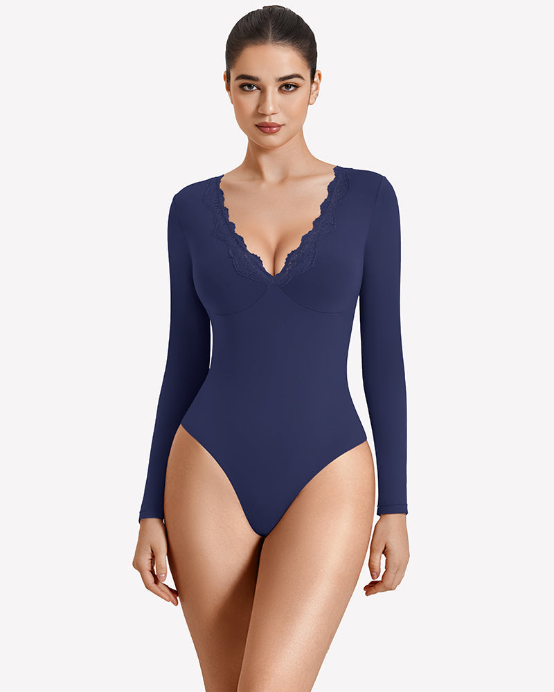 Long Sleeve Lace V Neck Leotard Shirt