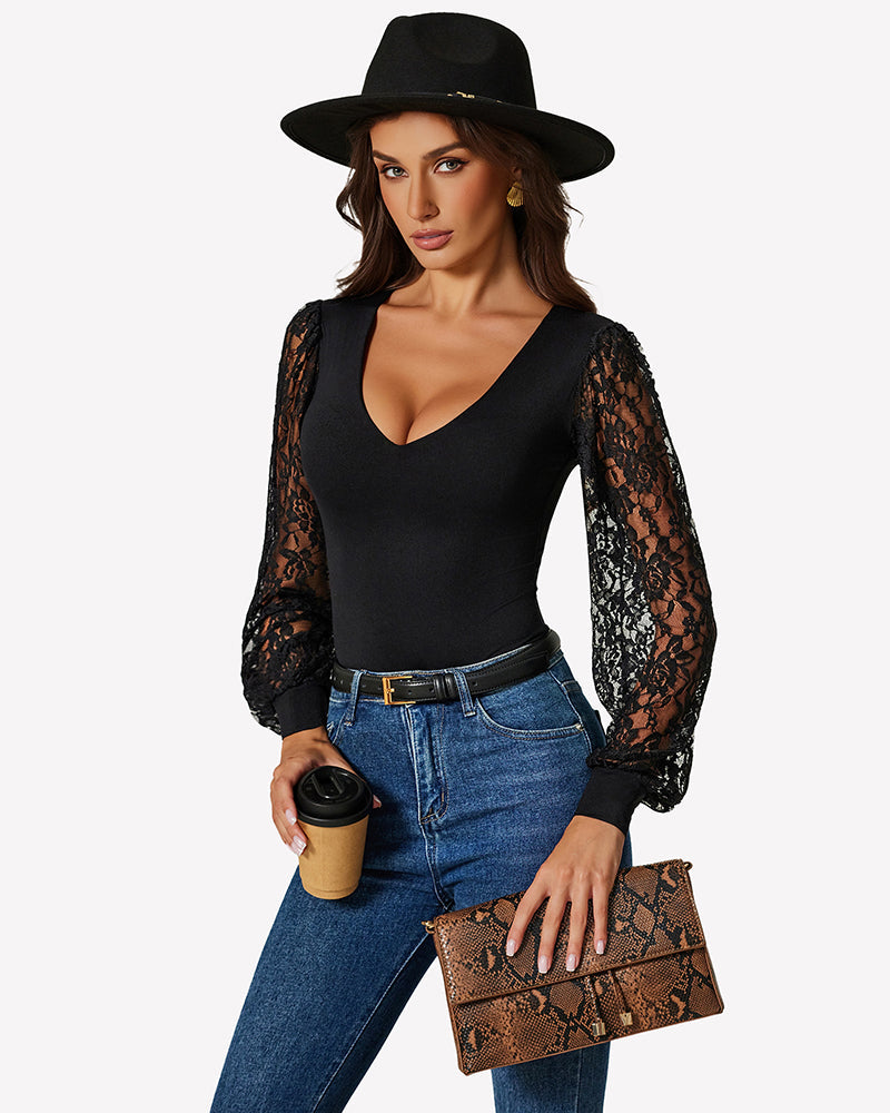 Double Lined Lace Puff Sleeves Leotard