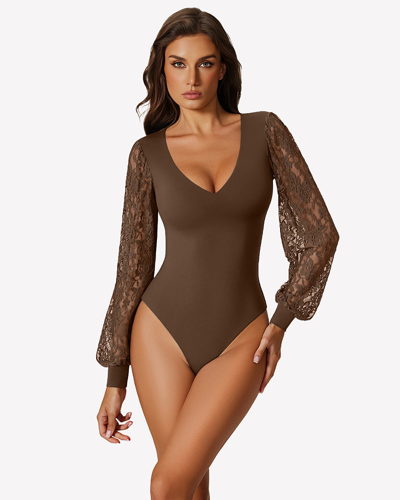 Double Lined Lace Puff Sleeves Leotard