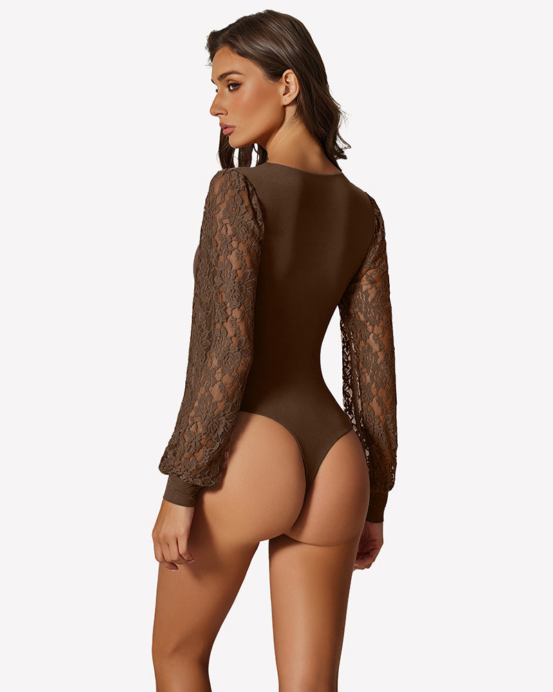 Double Lined Lace Puff Sleeves Leotard