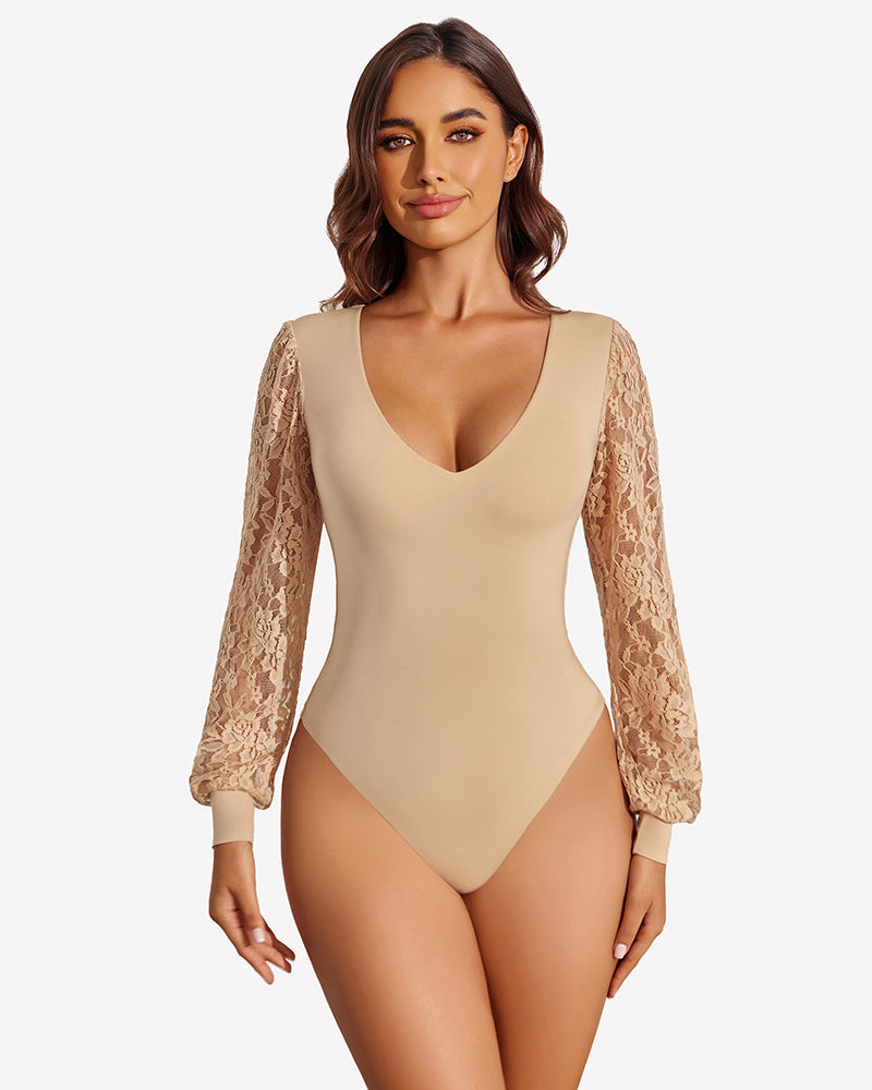 Double Lined Lace Puff Sleeves Leotard