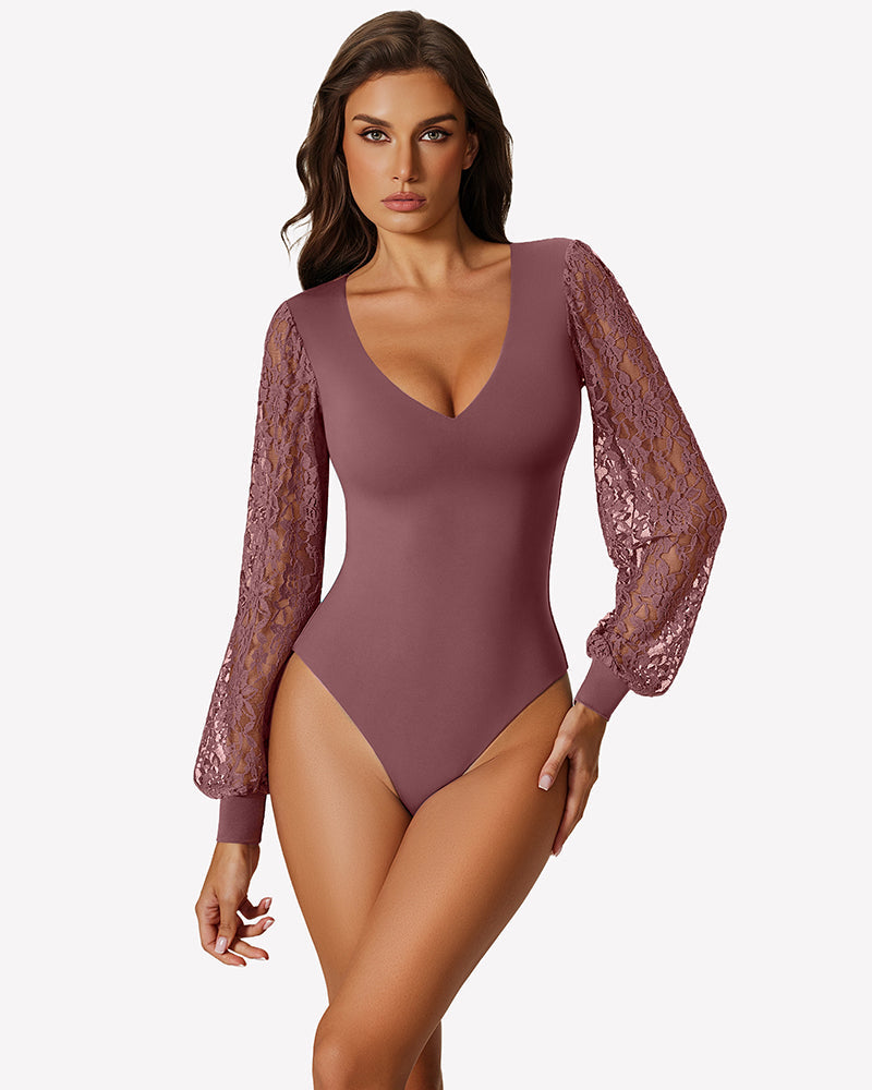 Double Lined Lace Puff Sleeves Leotard