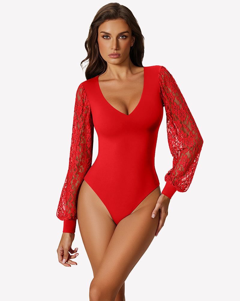 Double Lined Lace Puff Sleeves Leotard