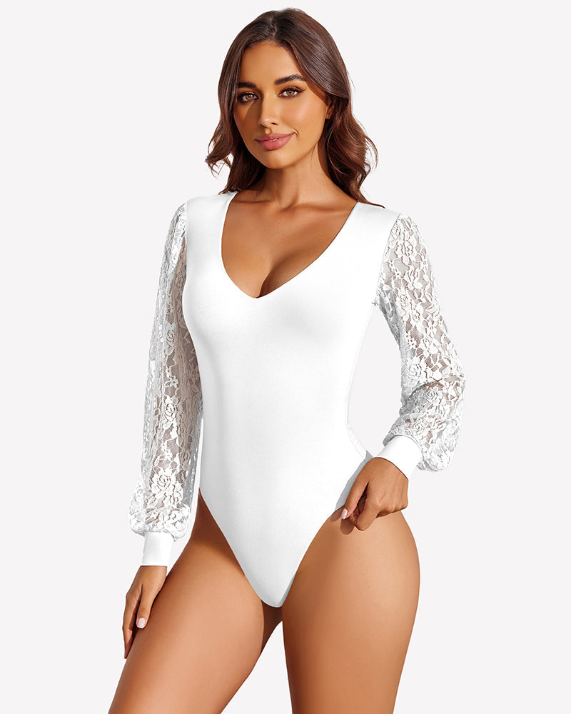 Double Lined Lace Puff Sleeves Leotard