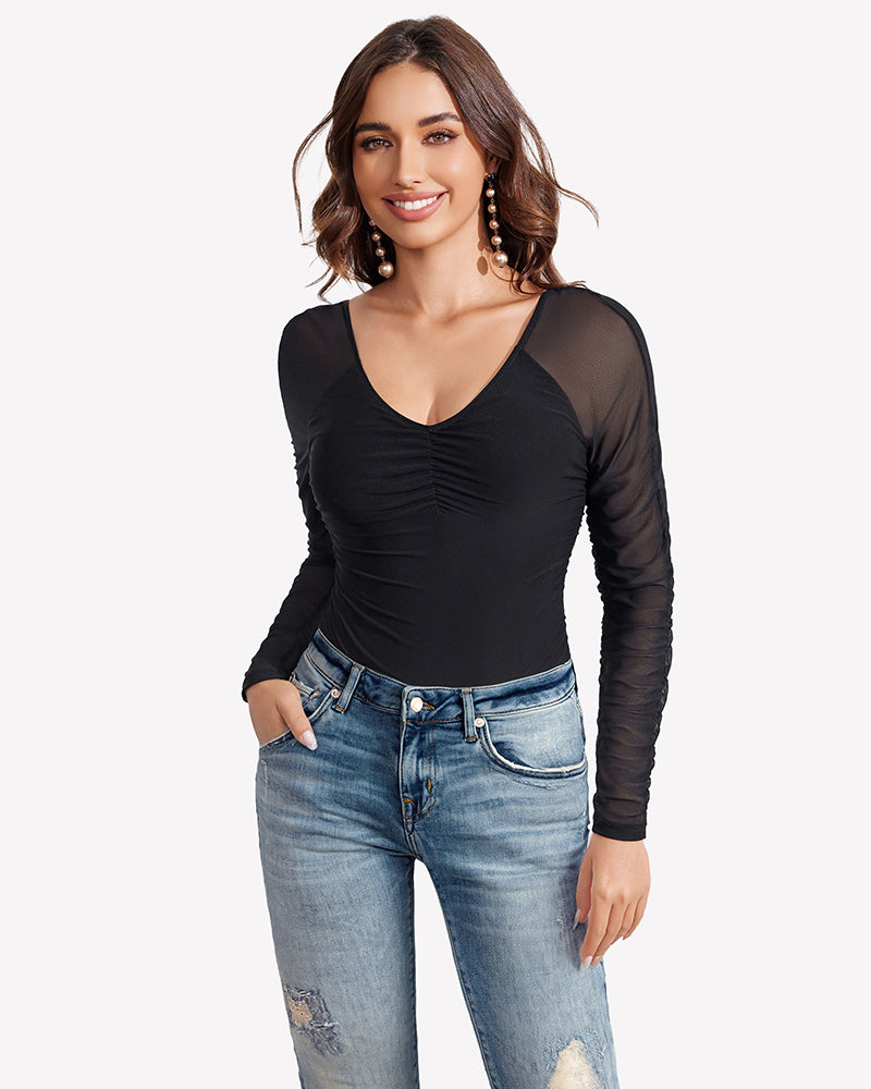 Long Sleeve Bodysuit Mesh Ruched Shapewear