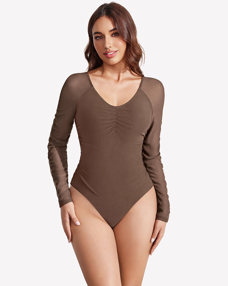 Long Sleeve Bodysuit Mesh Ruched Shapewear