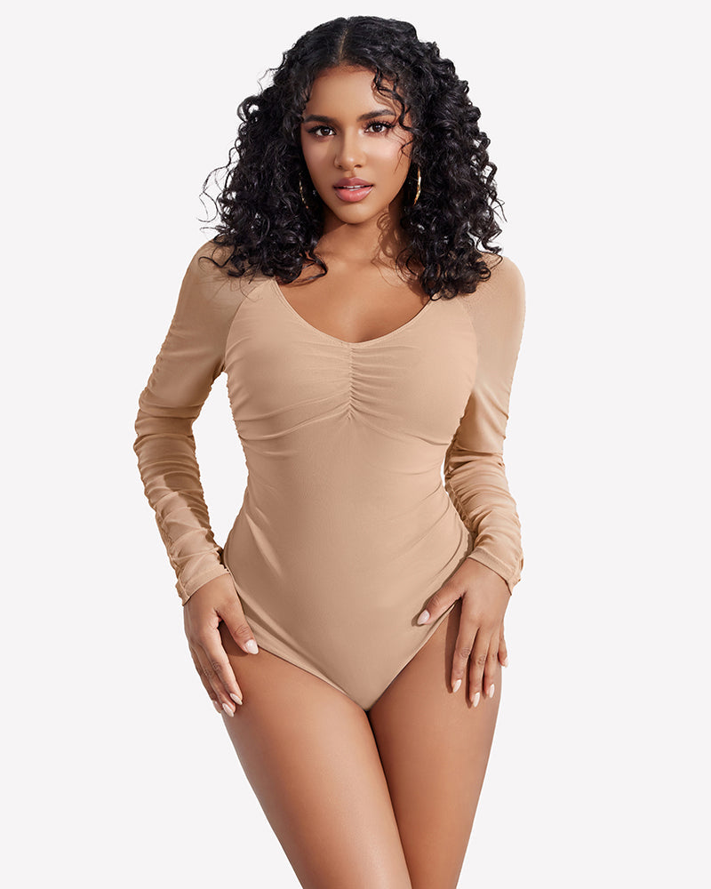 Long Sleeve Bodysuit Mesh Ruched Shapewear
