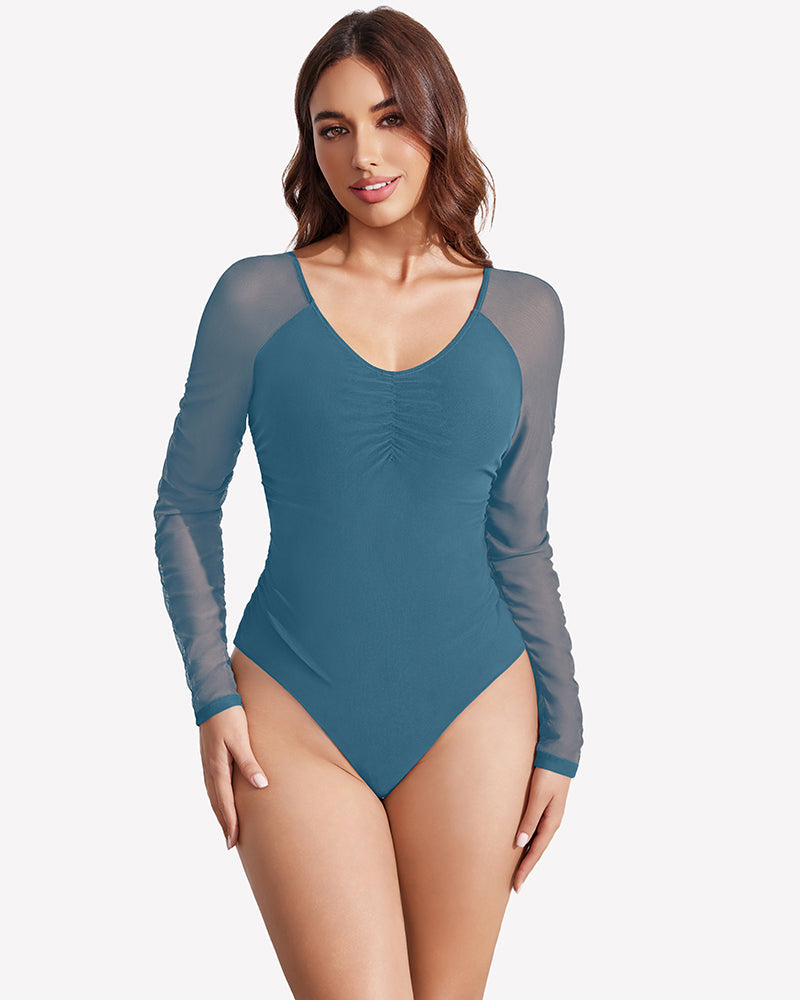 Long Sleeve Bodysuit Mesh Ruched Shapewear