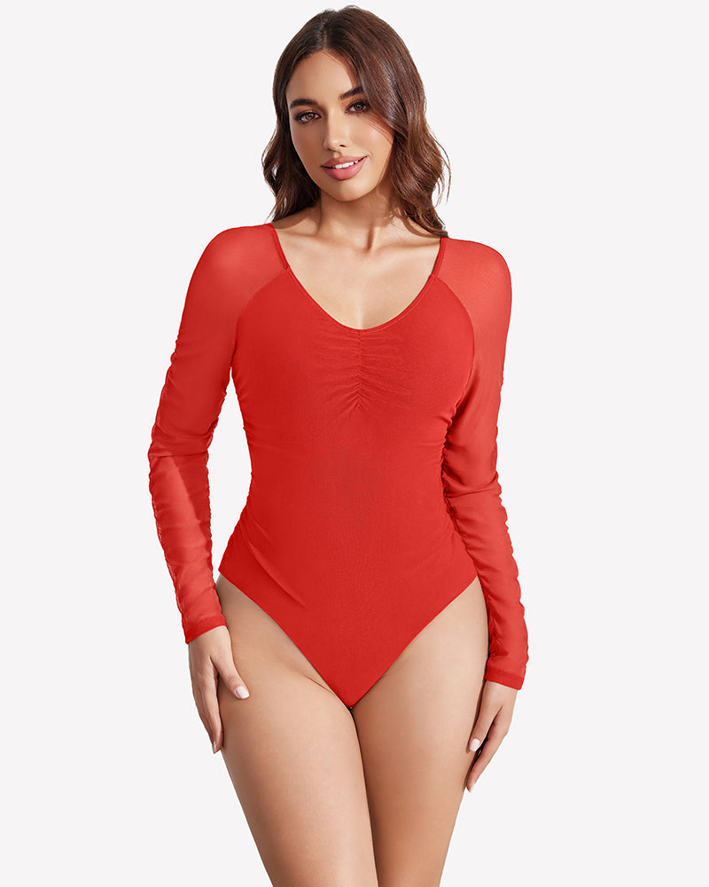 Long Sleeve Bodysuit Mesh Ruched Shapewear