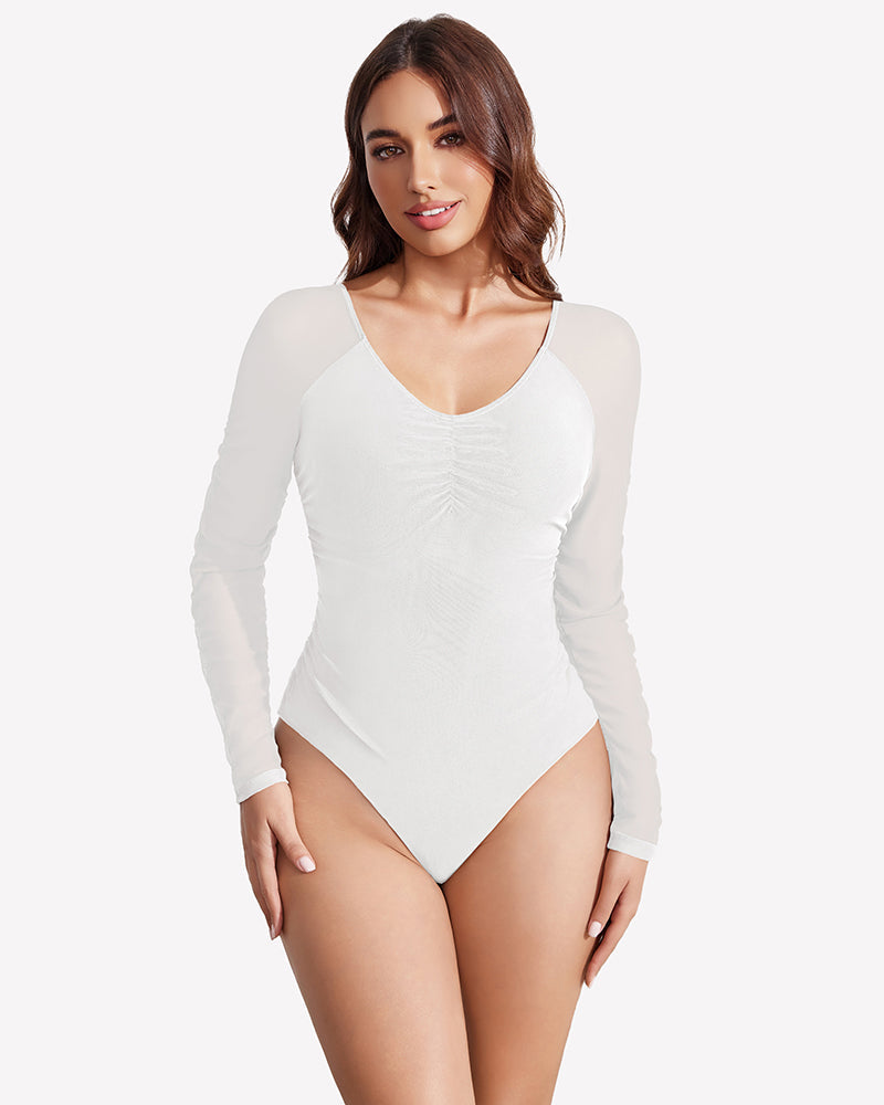 Long Sleeve Bodysuit Mesh Ruched Shapewear