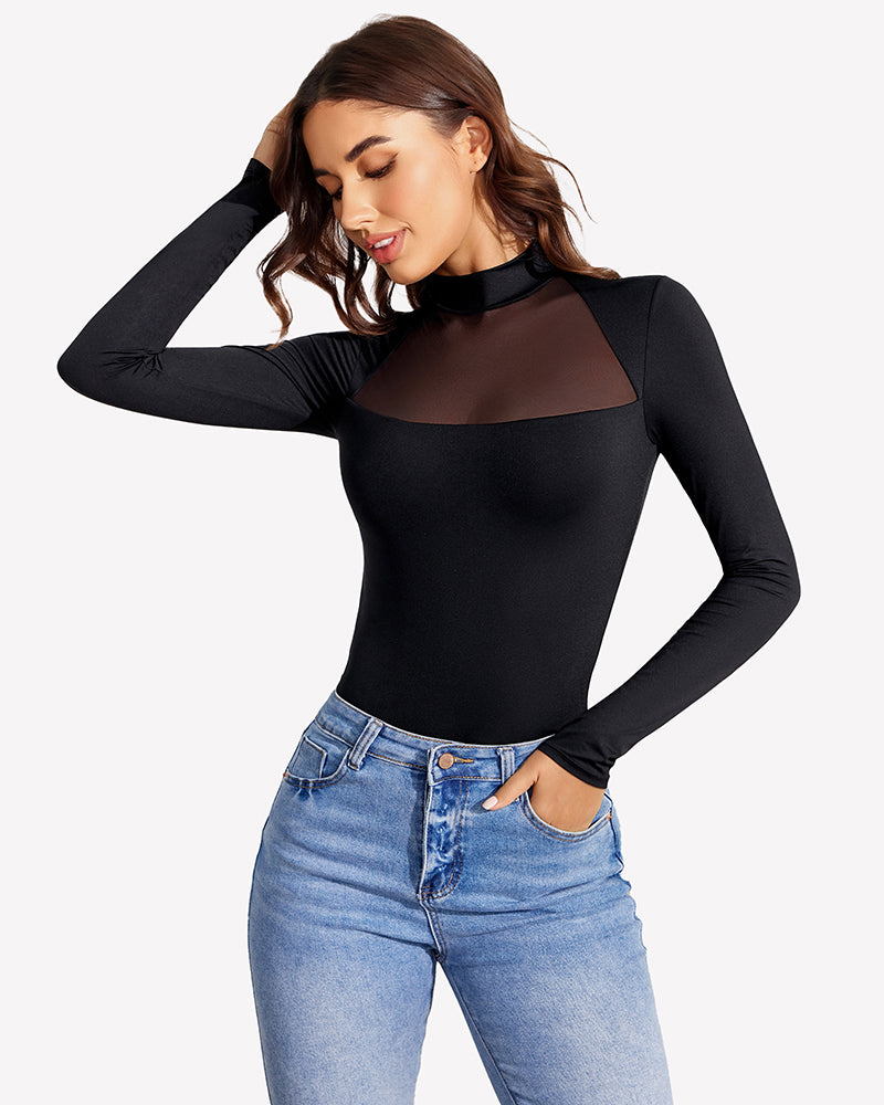 Long Sleeve Leotard Mesh Bodysuit Tops