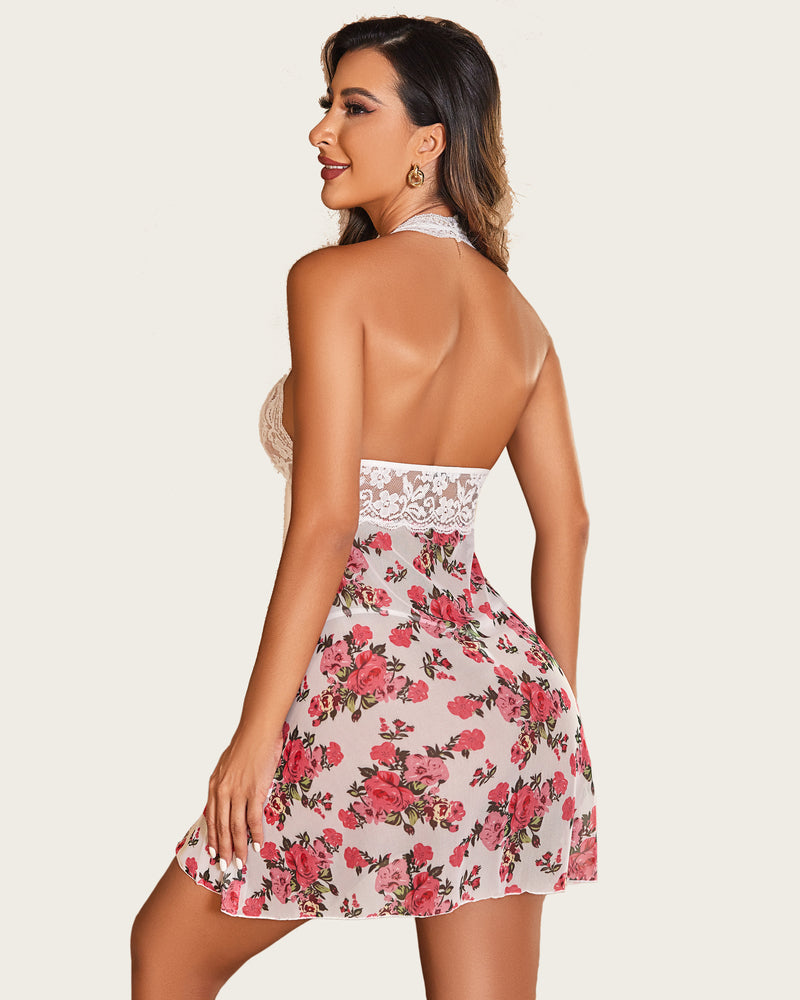 Halter Lace Floral Print Babydoll Mesh Nightgown