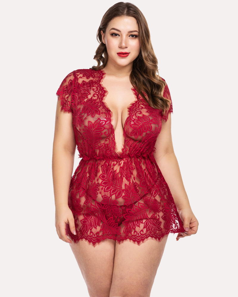 Plus Size Eyelash Lace Babydoll Lingerie