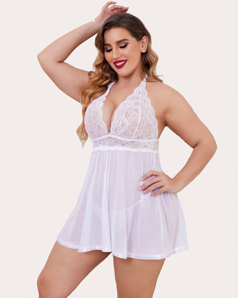 Plus Size Sheer Lace Mesh Babydoll