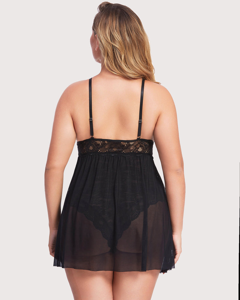Plus Size Snap Crotch V Neck Lace Nighty