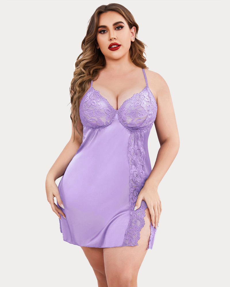 Plus Size Satin Lace Side Slit Chemise