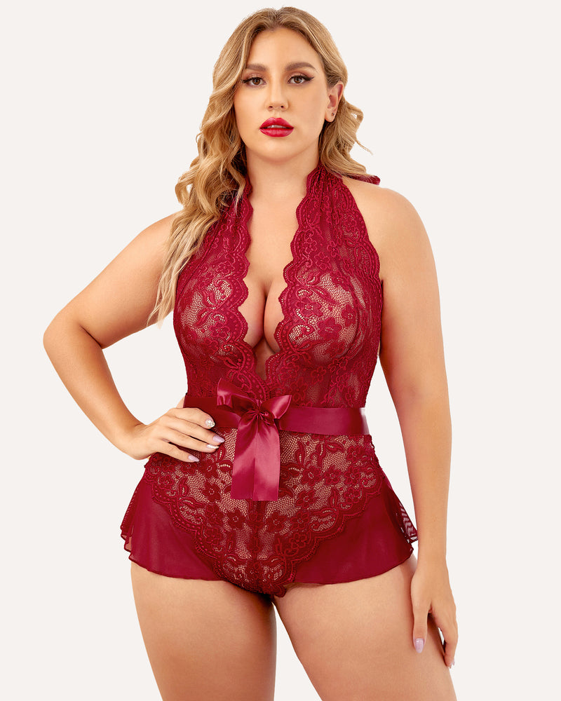 Plus Size Halter Lace Bodysuit