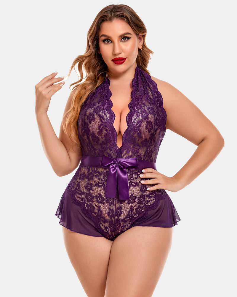 Plus Size Halter Lace Bodysuit