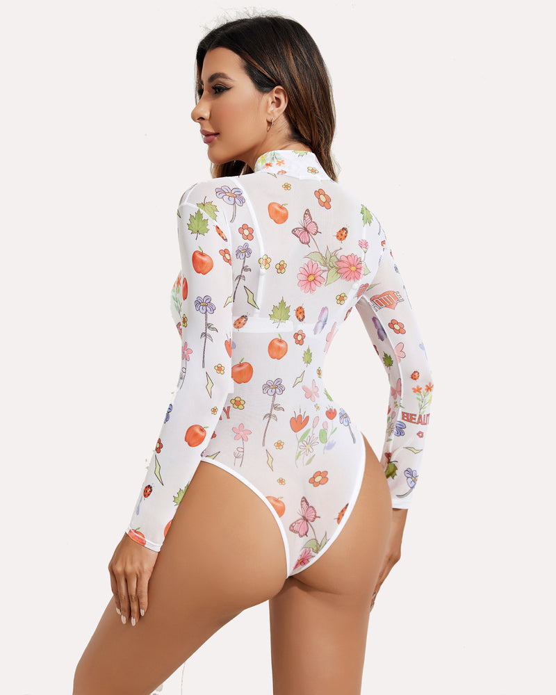Long Sleeve Floral Turtleneck Sheer Bodysuit