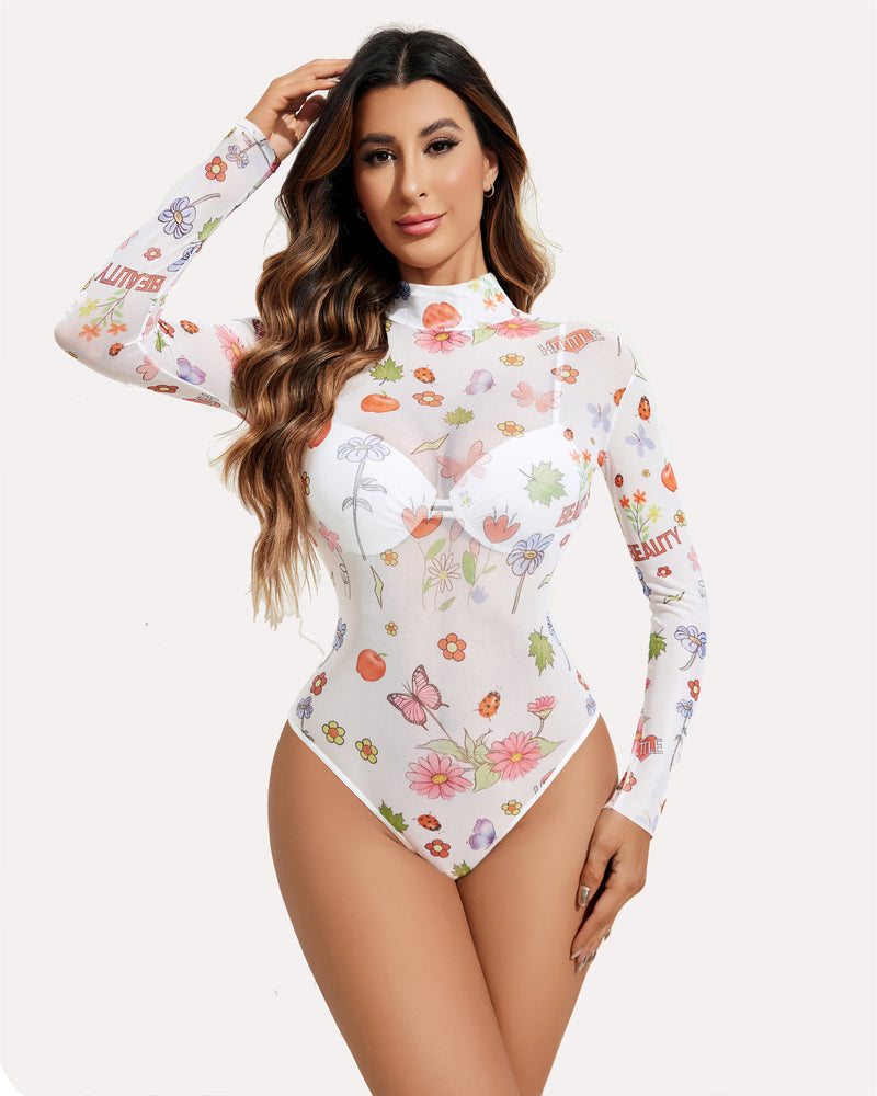 Long Sleeve Floral Turtleneck Sheer Bodysuit