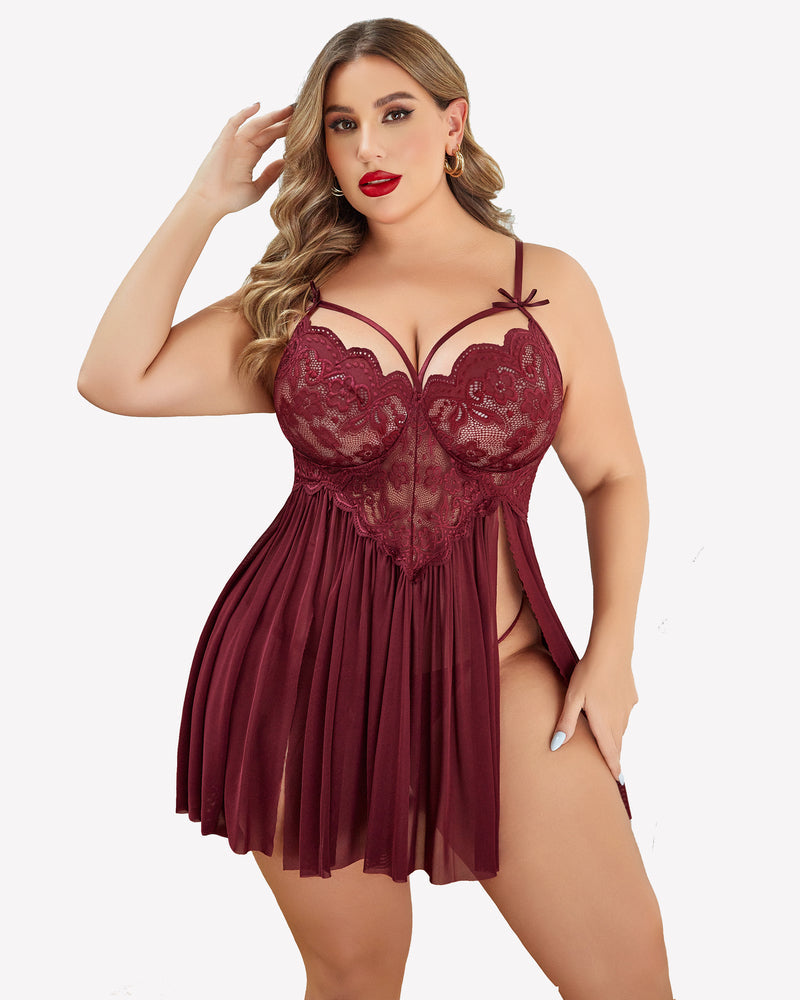 Plus Size Lace Leopard Side Slit Nightdress