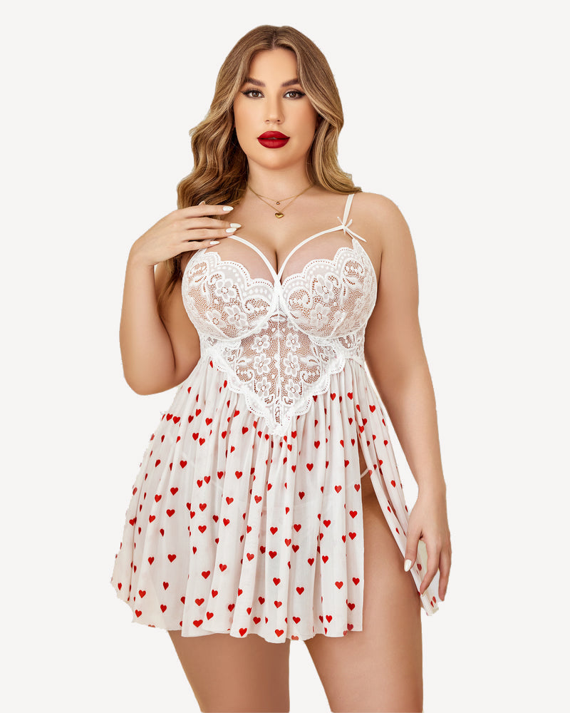 Plus Size Heart Lace Side Slit Nightdress