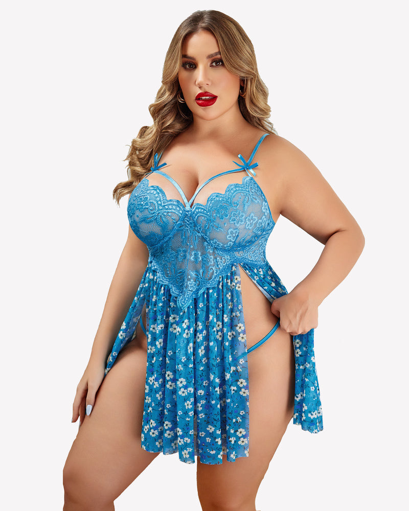 Plus Size Heart Lace Side Slit Nightdress