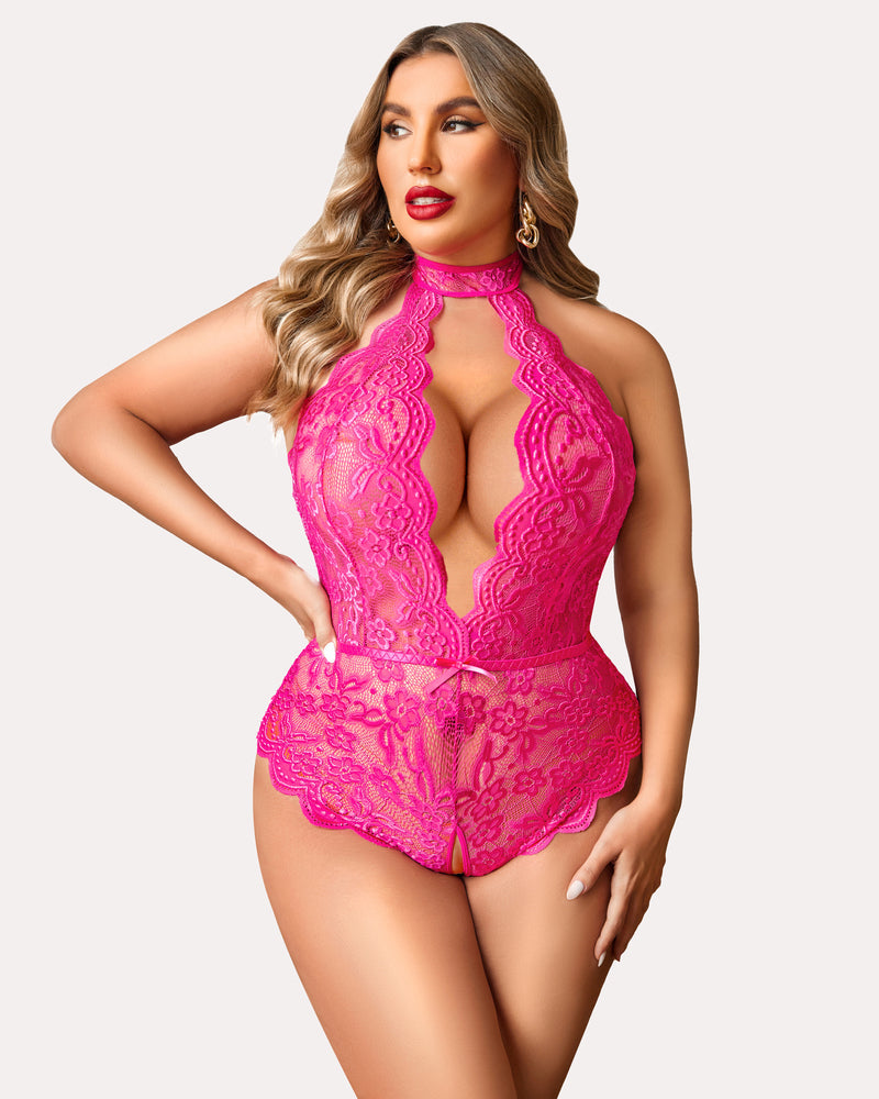 Plus Size Lace Halter Teddy
