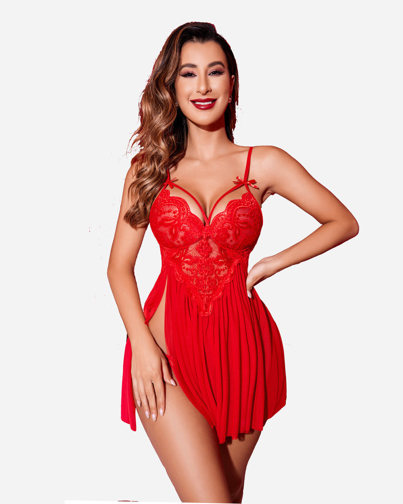 V Neck Lace Side Slit Babydoll