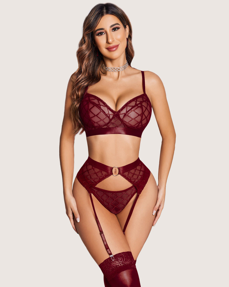Sheer Mesh 3 Piece Bra and Panty Set with Garter Belt