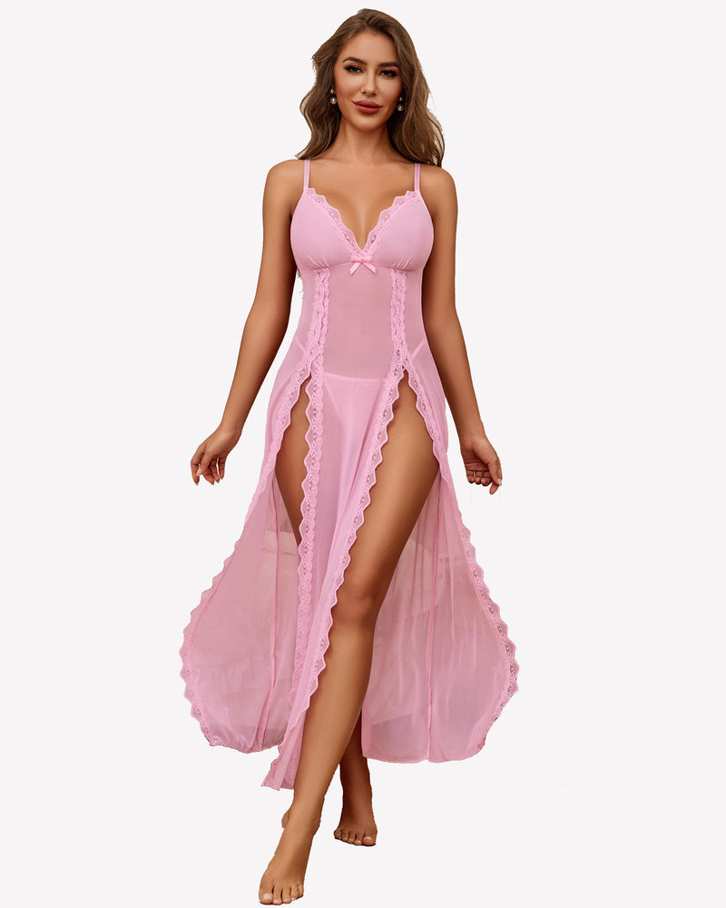 Lace Mesh Side Split Nightgowns