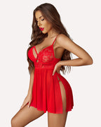 V Neck Lace Babydoll Mesh Slit Nightie Dress