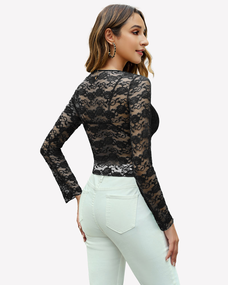 Mesh Long Sleeve Blouse Floral Lace Top