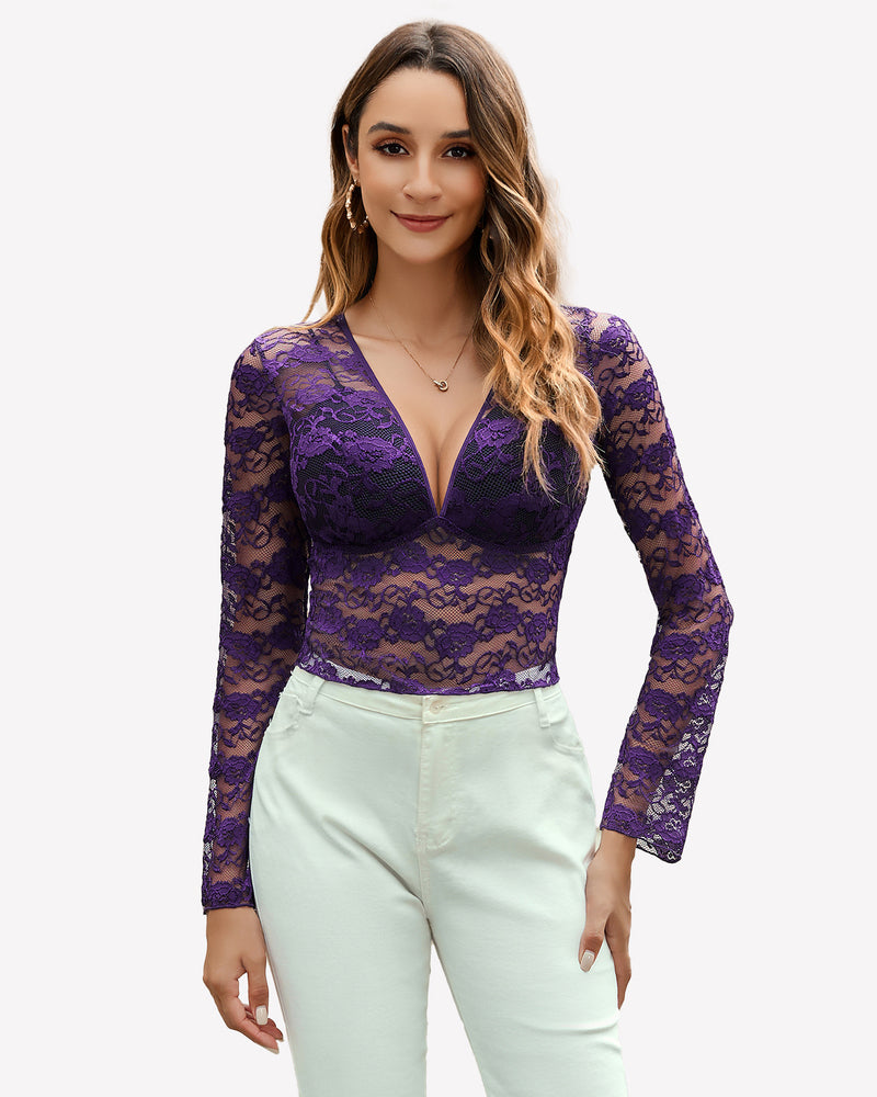 Mesh Long Sleeve Blouse Floral Lace Top