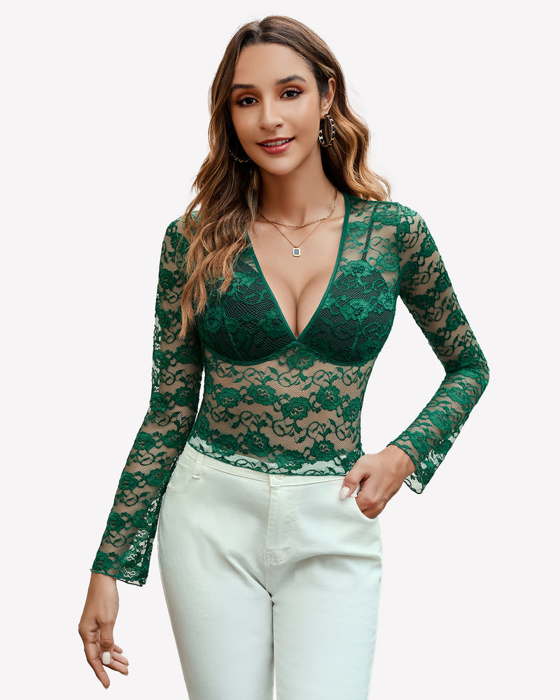 Mesh Long Sleeve Blouse Floral Lace Top