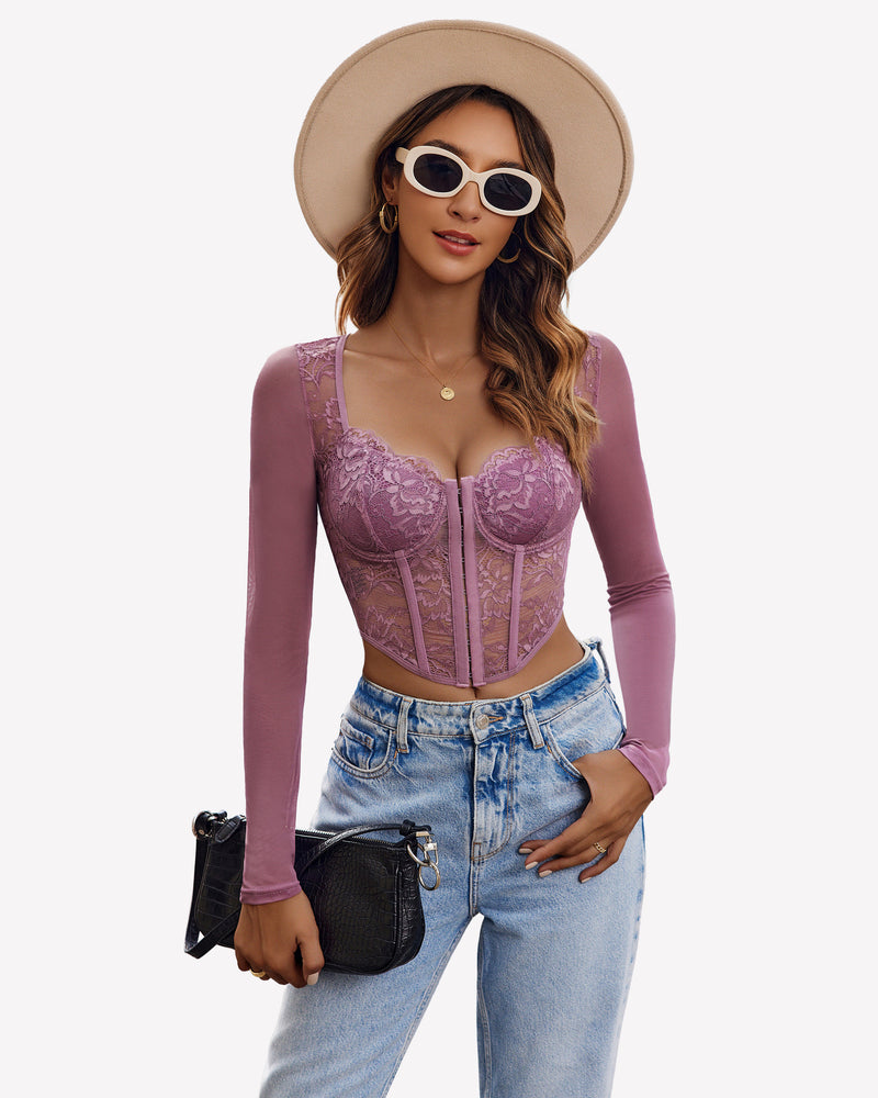 Lace Crop Top Long Sleeve Sheer Blouse