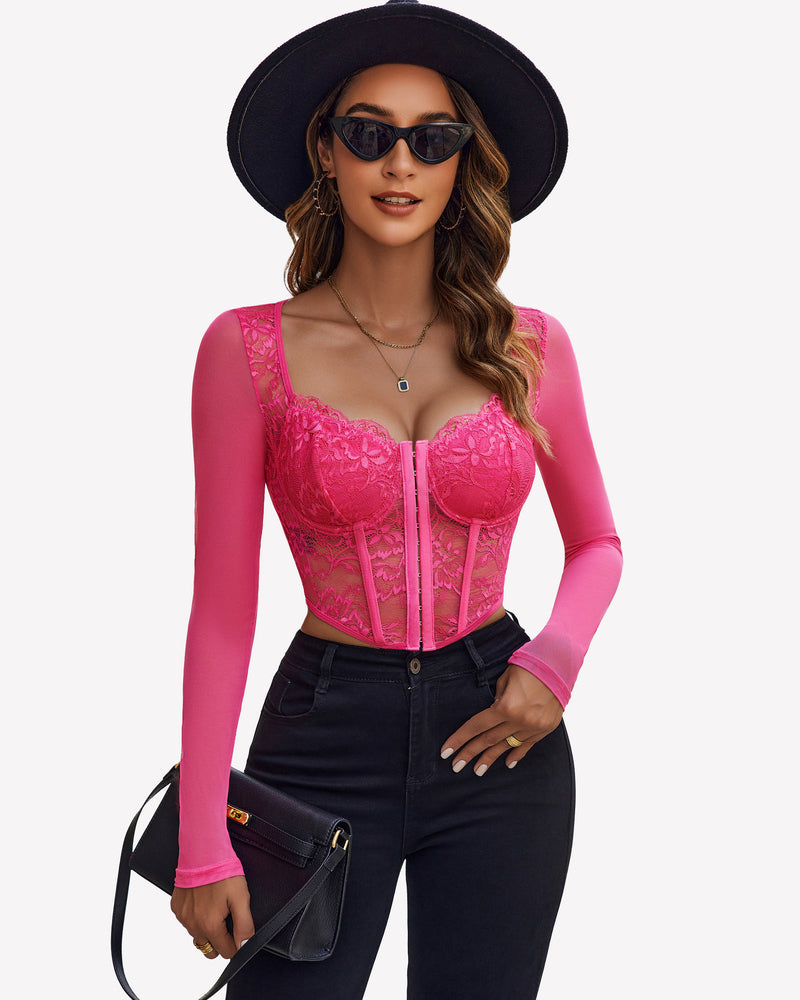 Lace Crop Top Long Sleeve Sheer Blouse