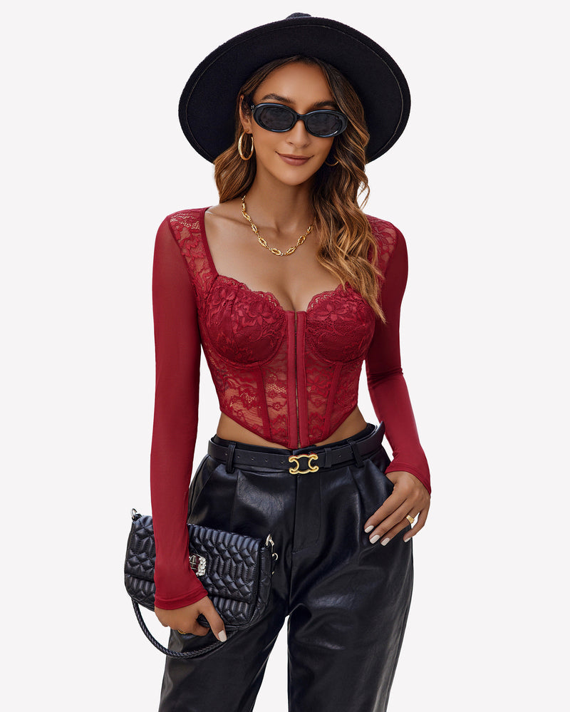 Lace Crop Top Long Sleeve Sheer Blouse