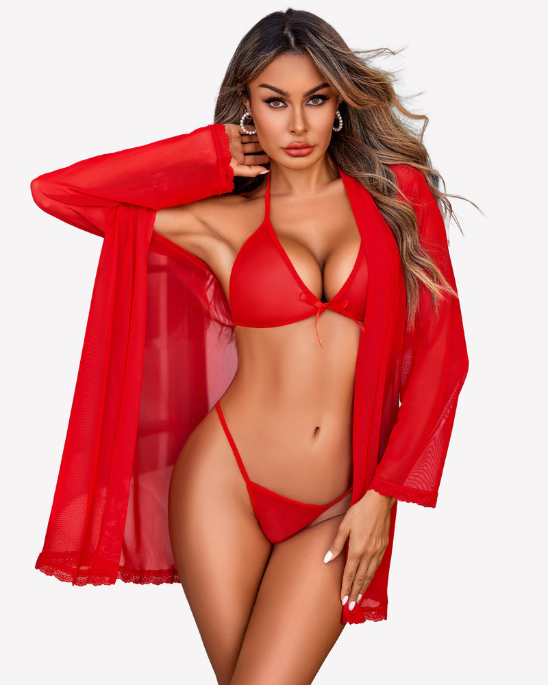3 Piece Set Kimono Robe with Bra and Panty