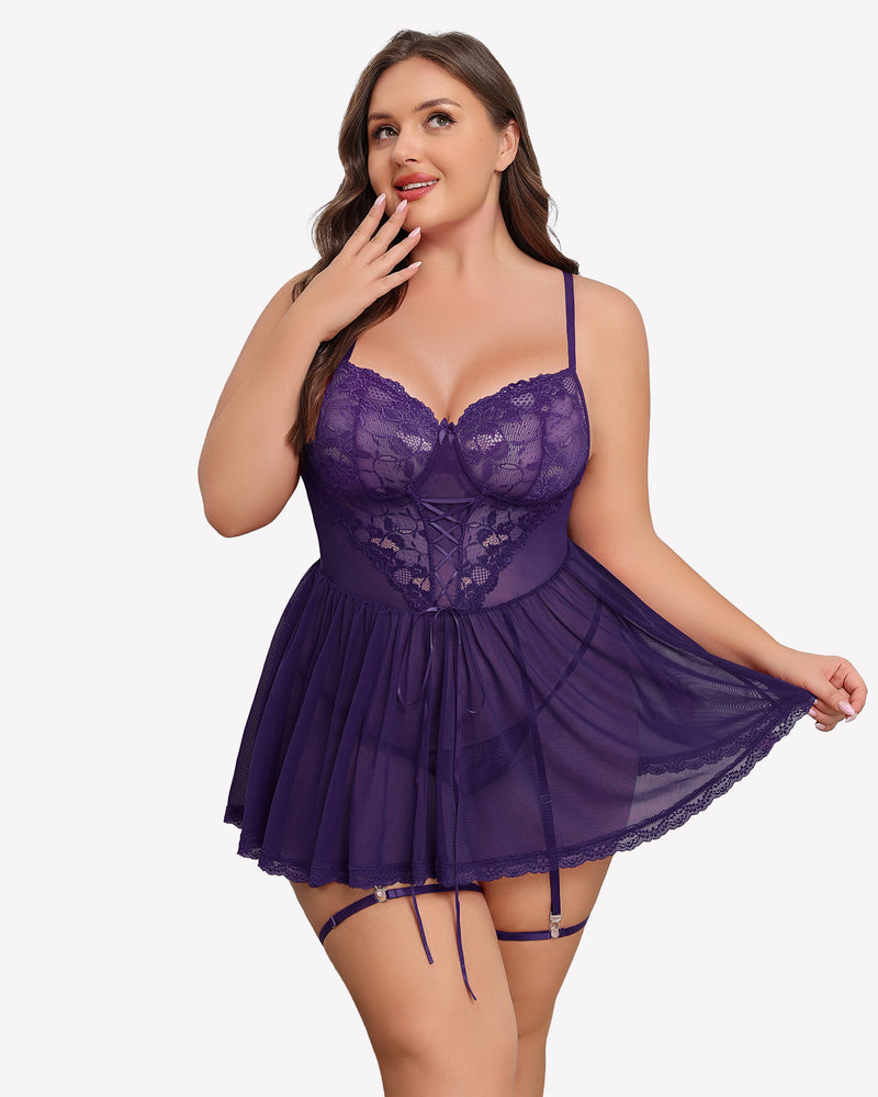 Plus Size Lace Babydoll with Garter Belt