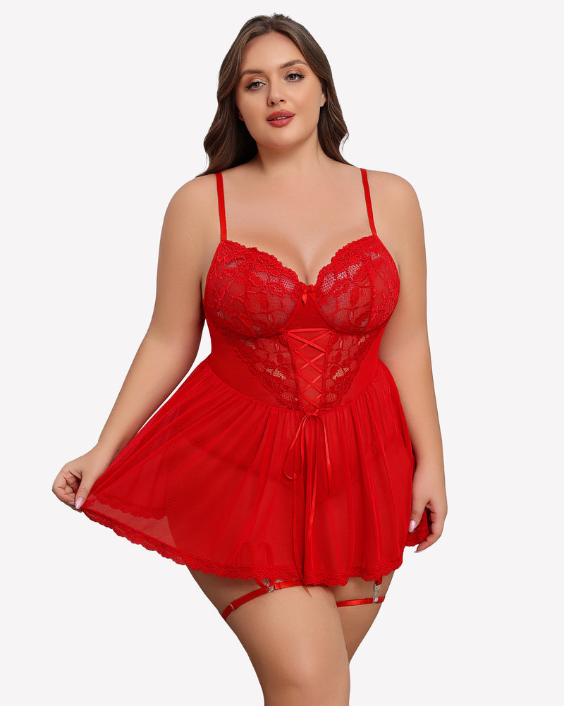 Plus Size Lace Babydoll with Garter Belt