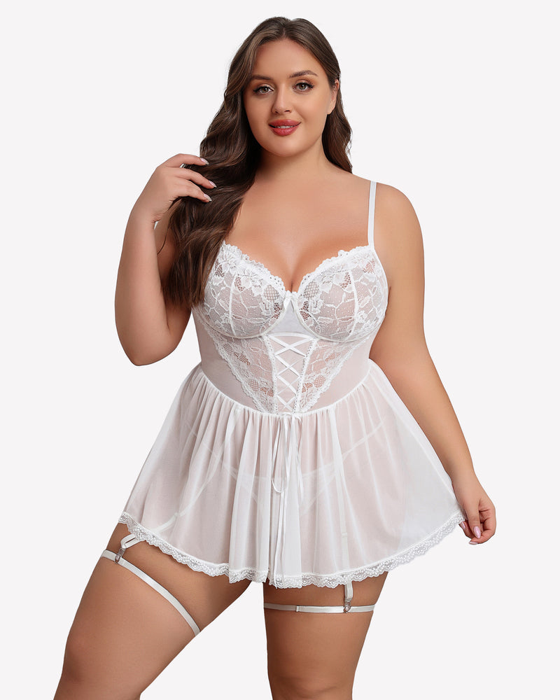 Plus Size Lace Babydoll with Garter Belt
