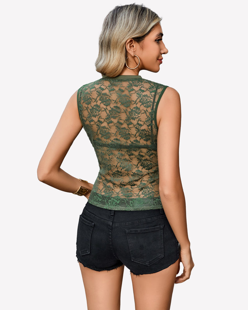 Floral Lace Tank Top Mesh Sheer Blouses