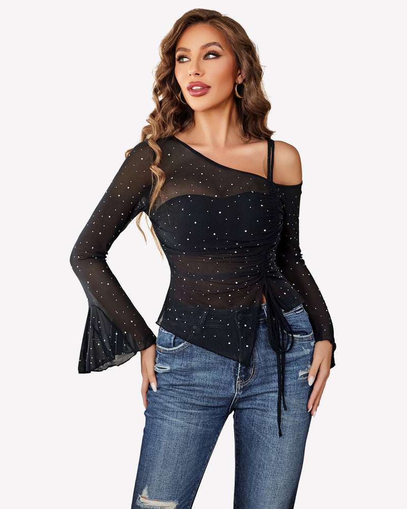 Mesh Top Long Sleeve Rhinestone Tops