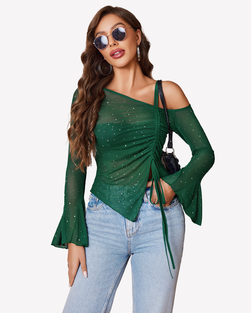 Mesh Top Long Sleeve Rhinestone Tops